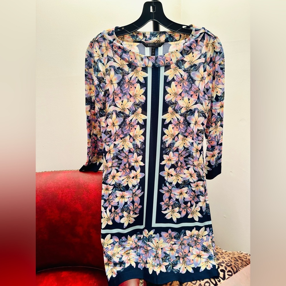 BCBGMAXAZRIA Floral Multicolor 3/4 Sleeve Shift Dress, XS